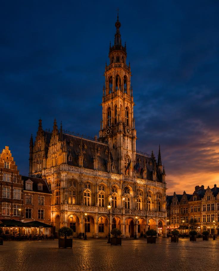Architecturaal sfeerbeeld van een Belgisch stadsplein bij avondlicht