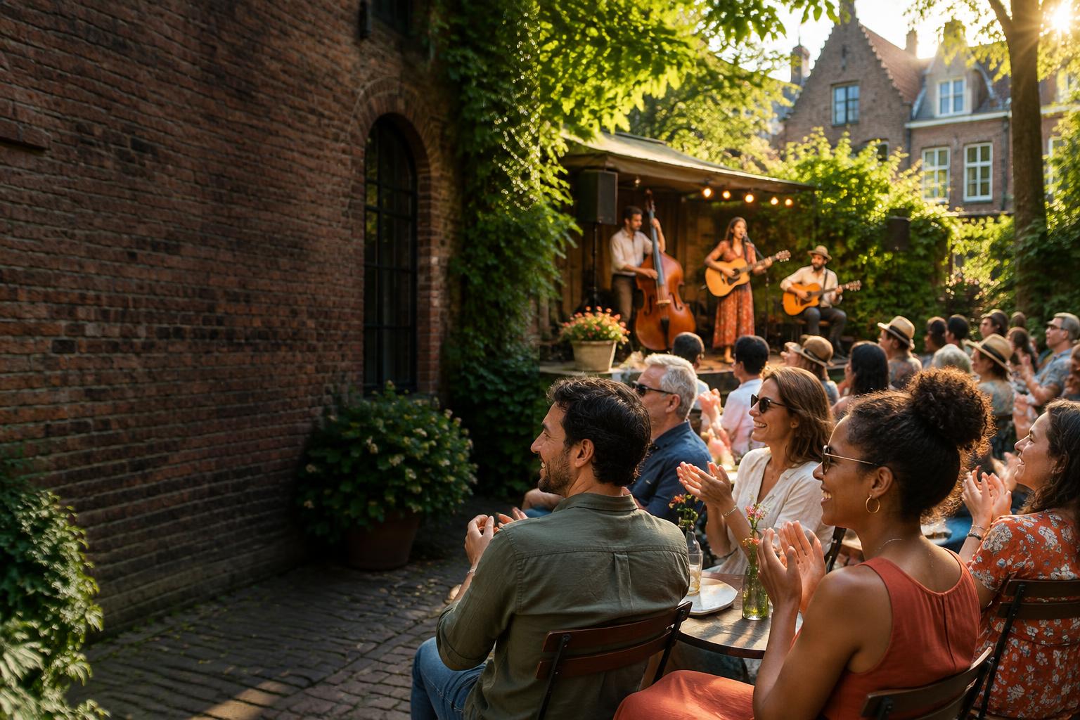 Sfeerbeeld van publiek bij een concert in een groene binnenplaats