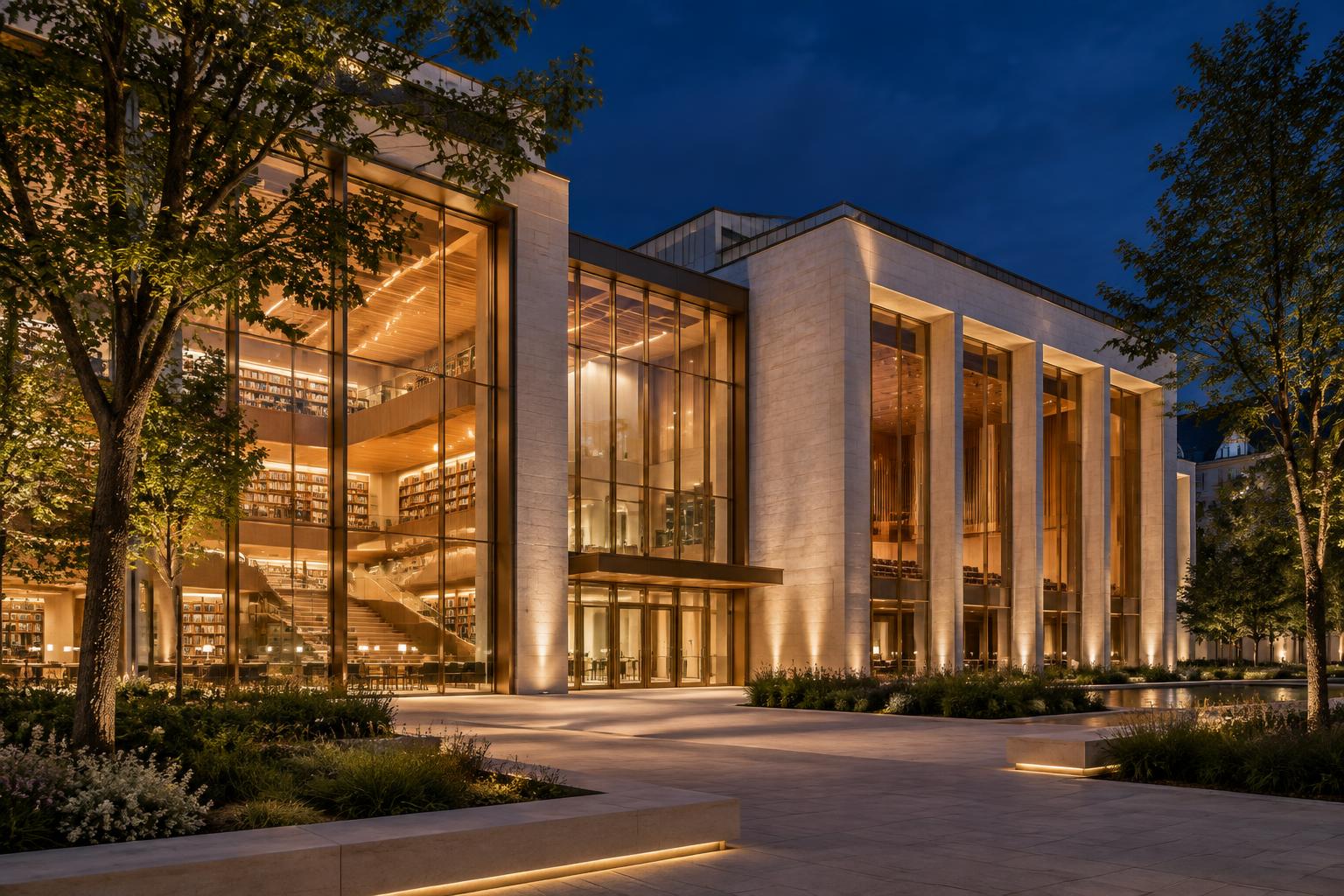 Architecturaal sfeerbeeld van een bibliotheek met een open ontmoetingsruimte